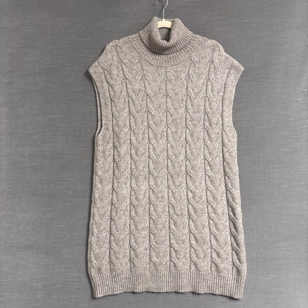 Elan Sweater Vest L‎ Beige Cable Knit Sleeveless Turtleneck Tunic Neutral Fall